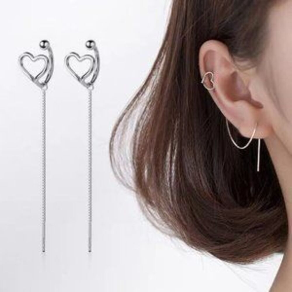 NEW 925 Sterling Silver Heart Cuff Chain Earrings